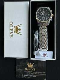 OLEVS Mens Watch Triple Dial, Black Face, Gold/Stainless Steel Band, Diamond