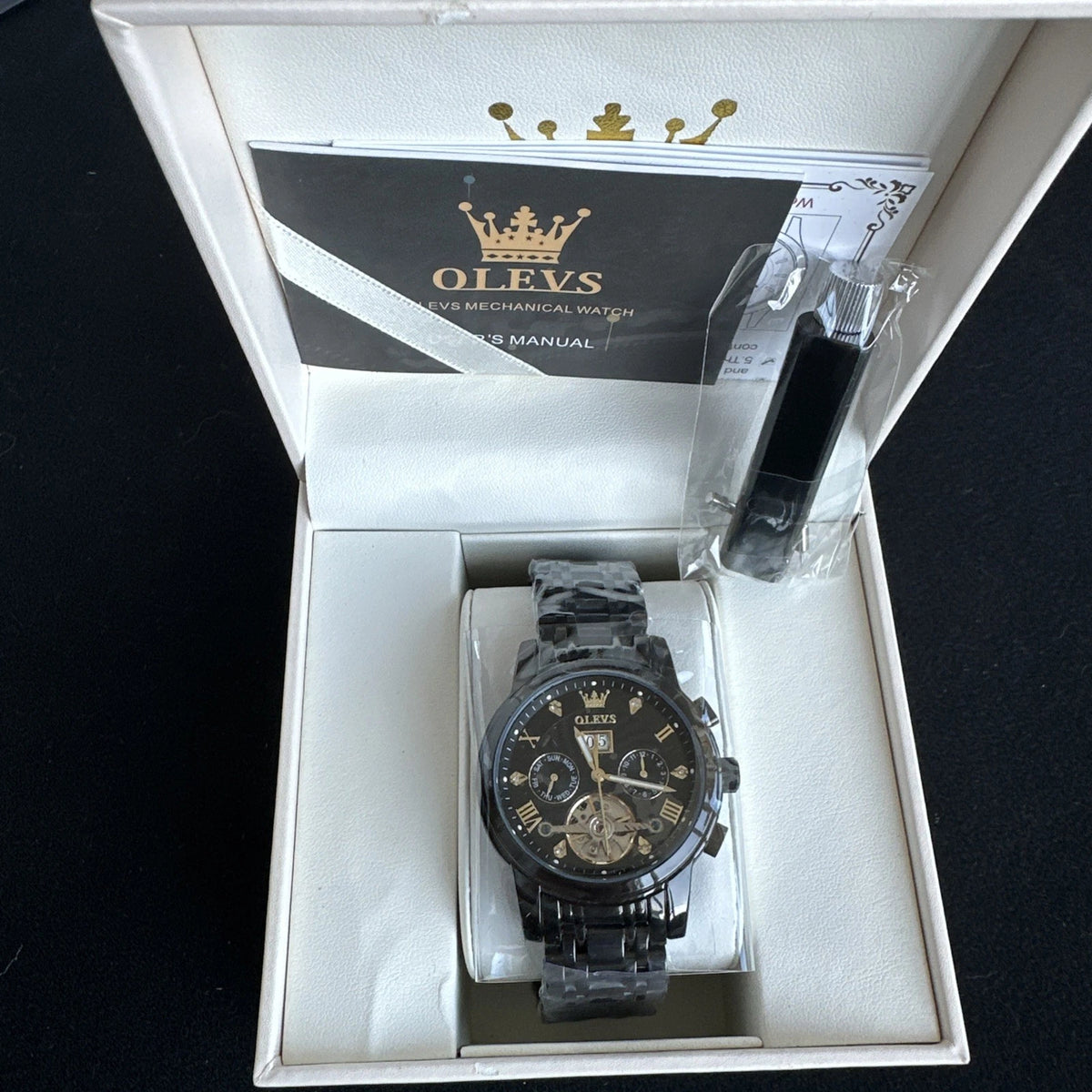 Olevs Men’s Watch Skeleton 5 Hands Black Band, Black Dial