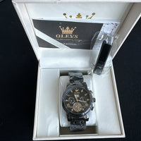 Olevs Men’s Watch Skeleton 5 Hands Black Band, Black Dial