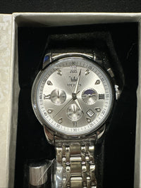 OLEVS Mens Watch Triple Dial, Silver Face, Stainless Steel Band, Diamond
