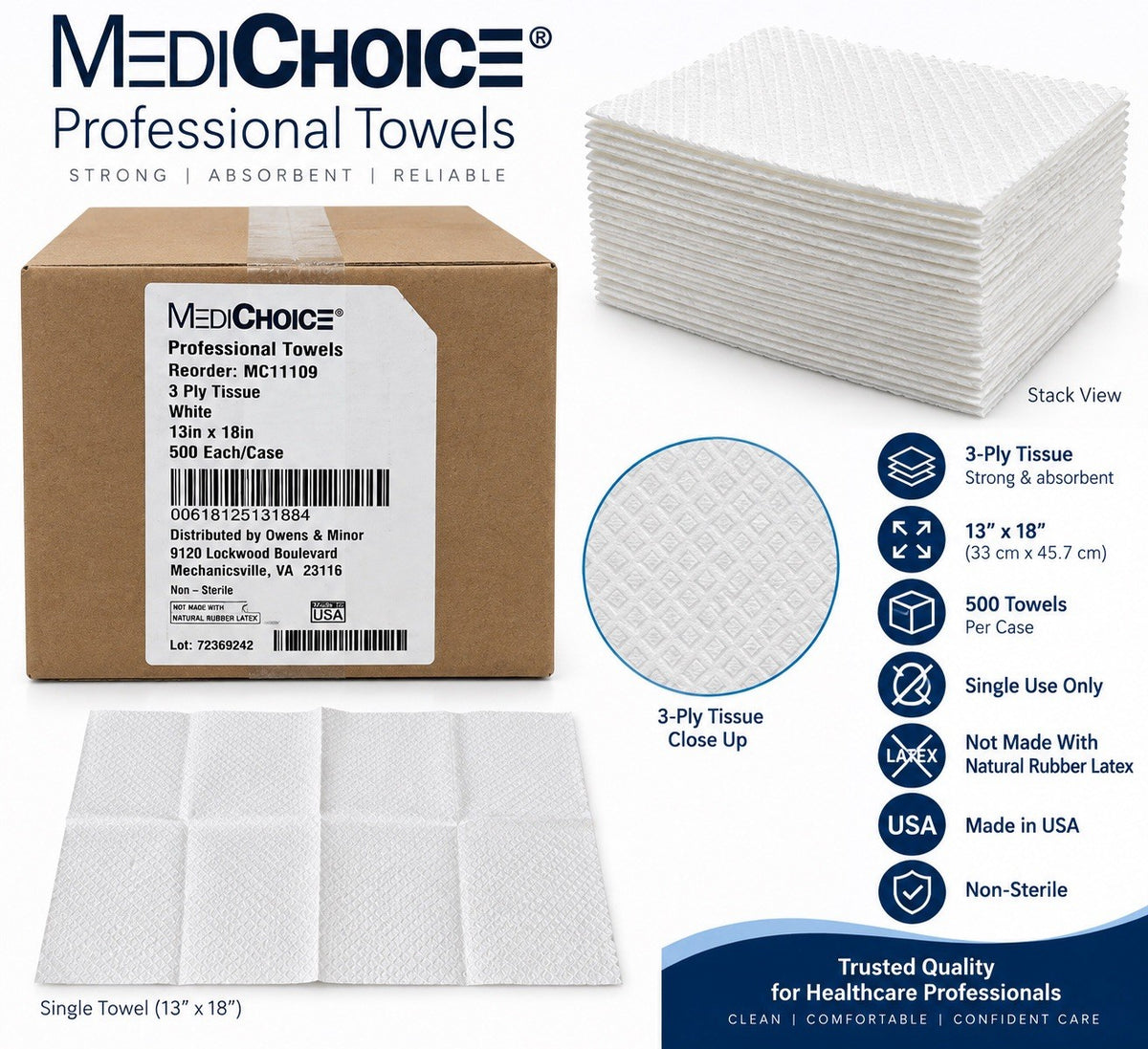 MediChoice MC11109 Professional Towels 3-Ply White 13x18 Non-Sterile 500 Case