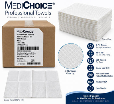 MediChoice MC11109 Professional Towels 3-Ply White 13x18 Non-Sterile 500 Case