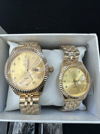 OLEVS Quartz Couple Pair Gold Dial With Diamond, Gold Band, Waterproof