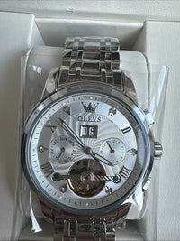 Olevs Men’s Watch Skeleton 5 Hands Silver Band, Silver Dial