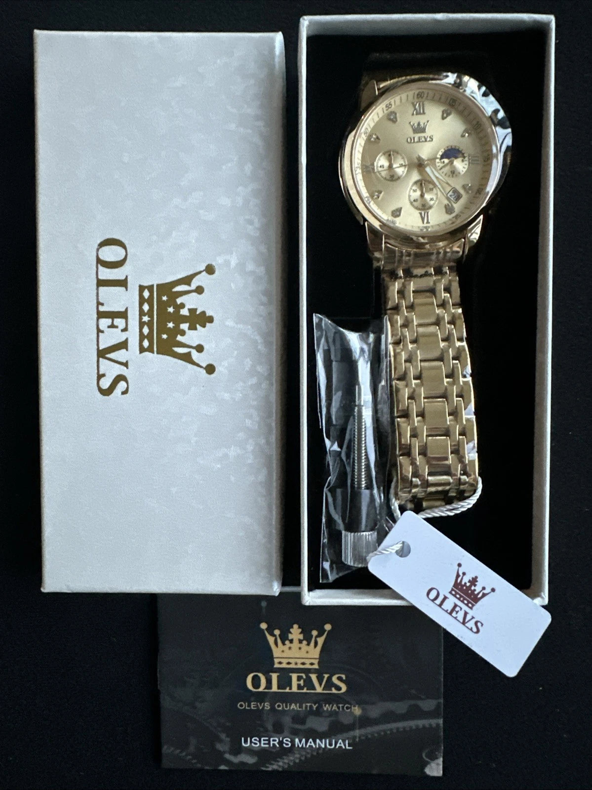 OLEVS Mens Watch Triple Dial, Gold Face, Gold Band, Diamond, Waterproof