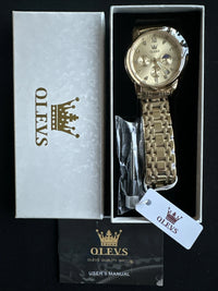 OLEVS Mens Watch Triple Dial, Gold Face, Gold Band, Diamond, Waterproof