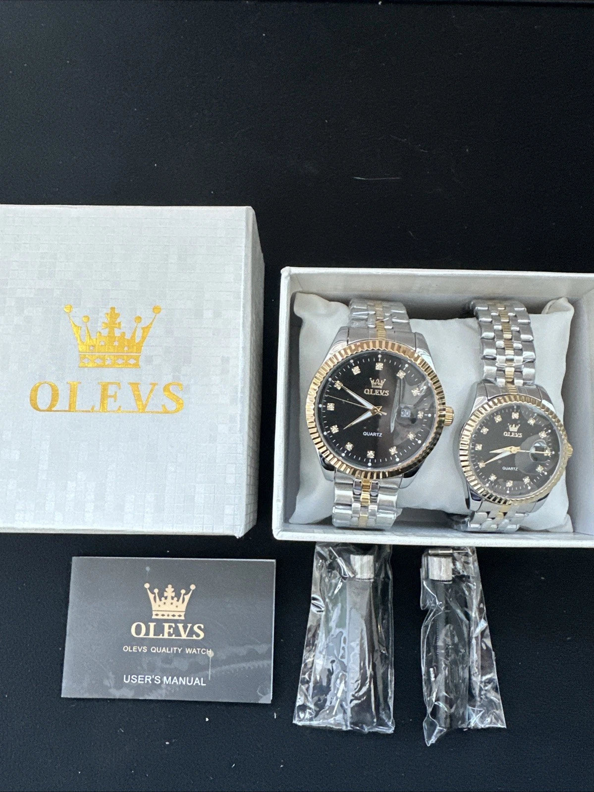 OLEVS Quartz Couple Pair Black Dial With Diamond, Stainless Steel, Waterproof