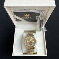 Olevs Mens Luxury Watch Skeleton, Moon Phase, Gold Band, Gold Dial