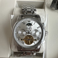 Olevs Mens Luxury Watch Skeleton, Moon Phase, Silver Band, Silver Dial