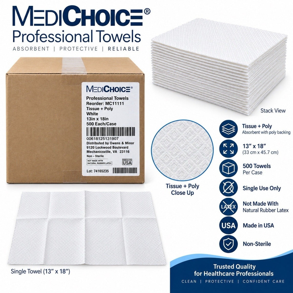 MediChoice MC11109 Professional Towels 3-Ply White 13x18 Non-Sterile 500 Case