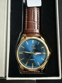 OLEVS Mens Watch Blue Face, Brown Leather Band, Day Date, Easy Reader