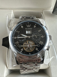 Olevs Men’s Watch Skeleton 5 Hands Silver Band, Black Dial