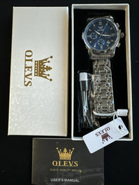 OLEVS Mens Watch Triple Dial, Blue Face, Stainless Steel Band, Diamond