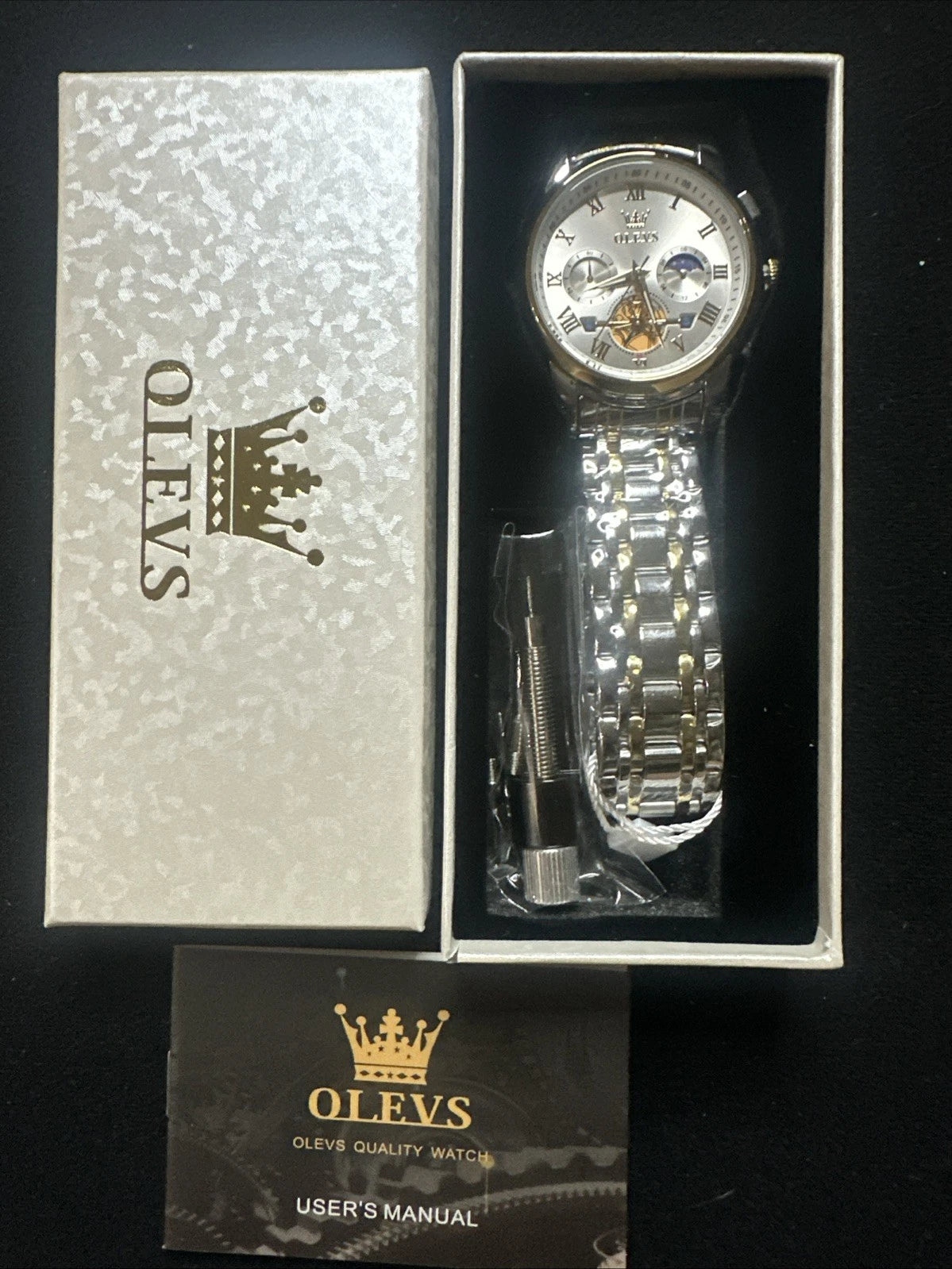 OLEVS Men Watch Mechanical Skeleton, Moon Phase, Silver Face, Gold/Silver Band