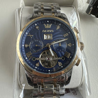 Olevs Men’s Watch Skeleton 5 Hands Gold/Silver Band, Blue Dial