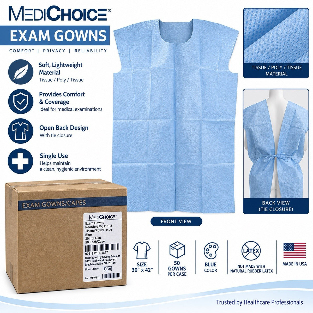 MediChoice MC11108 Exam Gowns Tissue Poly Tissue Blue 30x42 Case of 50 New