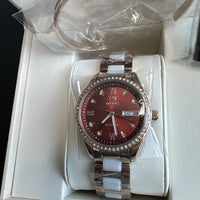 OLEVS Woman's Ceramics Band Zircon Case Day Auto Wrist Watches Red Dial
