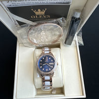 OLEVS Woman's Ceramics Band Zircon Case Day Auto Wrist Watches Blue Dial