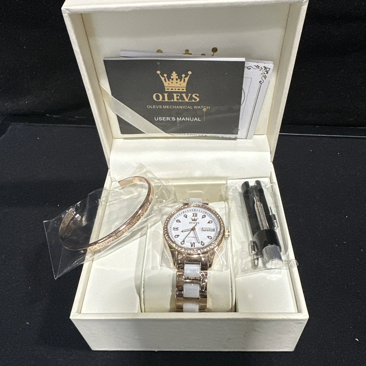 OLEVS Woman's Ceramics Band Zircon Case Day Auto Mechanical Wrist Watches White
