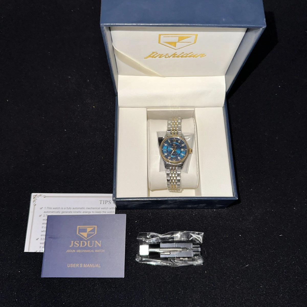 JSDUN Luxury Women’s Watch Stainless Steel And Gold, Diamond, Blue Face
