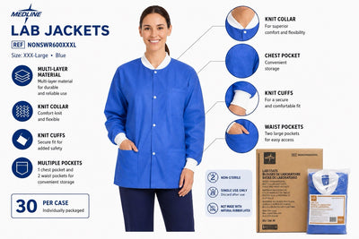 Medline NONSWR600XXXL Blue Lab Coats XXXL 3XL Knit Cuffs Pockets Case of 30