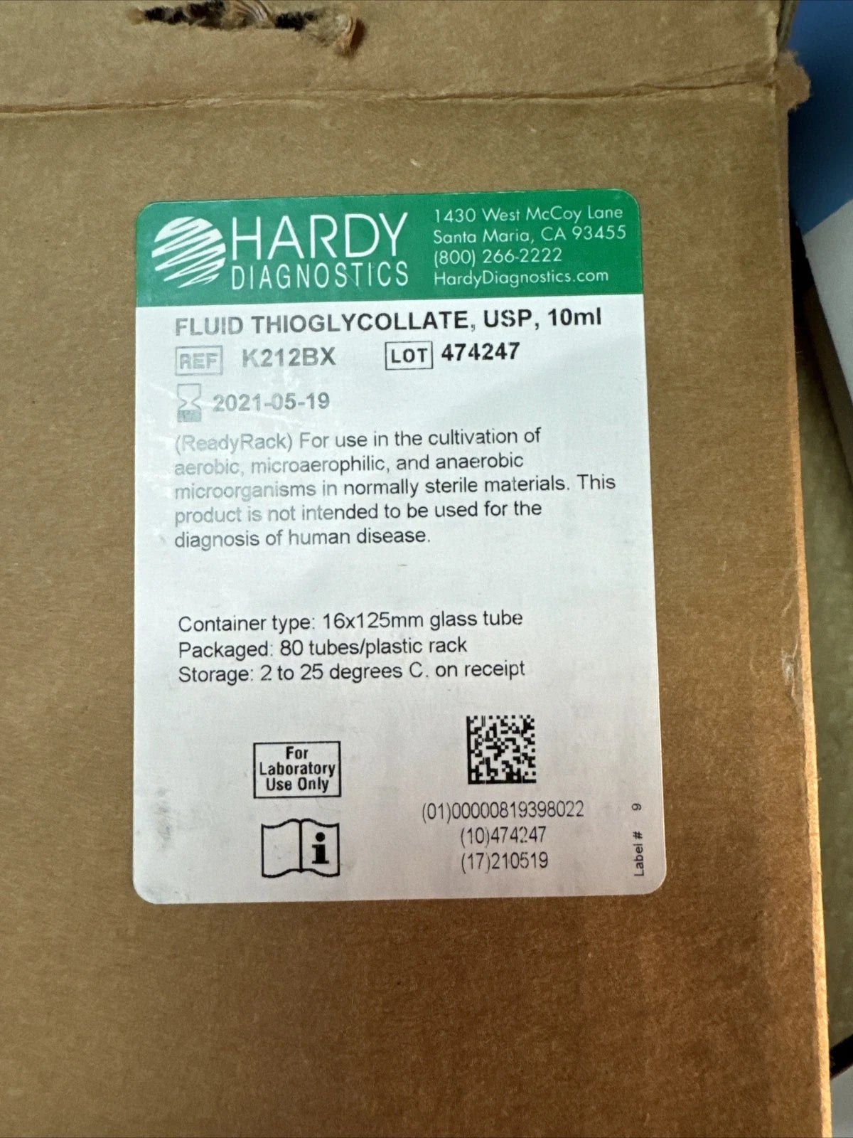 Fluid Thioglycolatte USP 10mL, 80 Tubes
