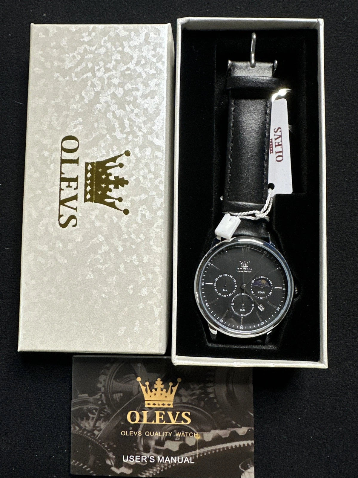 OLEVS Mens Watch Triple Dial, Silver/Black Face, Black Leather Band