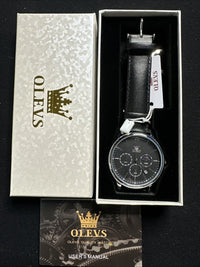 OLEVS Mens Watch Triple Dial, Silver/Black Face, Black Leather Band