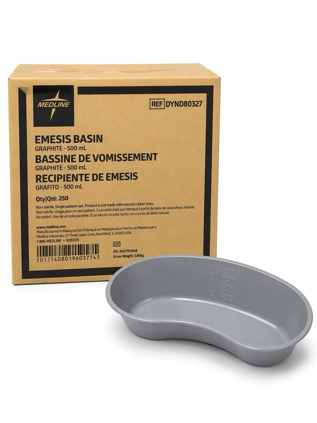 Medline Emesis Basin 500mL Graphite DYND80327 Case of 250