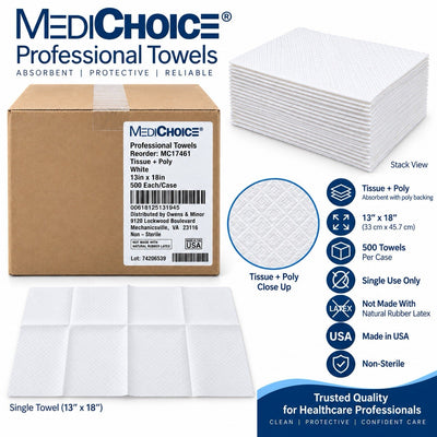 MediChoice MC17461 Professional Towels Tissue + Poly White 13x18 Case 500 Ct New