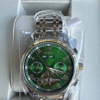 Olevs Mens Luxury Watch Skeleton, Day Date, Silver/Gold Band, Green Dial