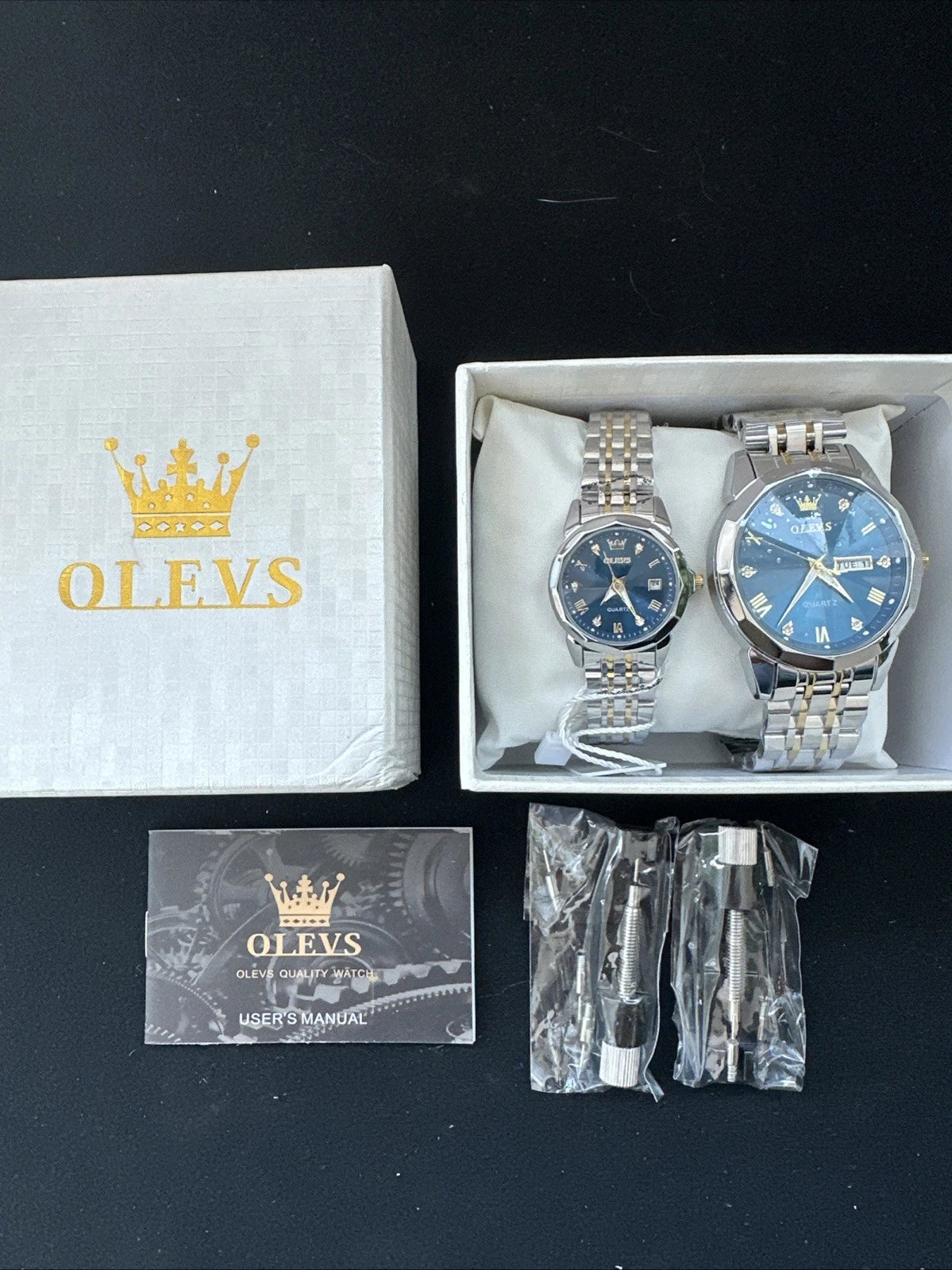 OLEVS Quartz Couple Pair Blue Dial, Stainless Steel, Waterproof, Calendar