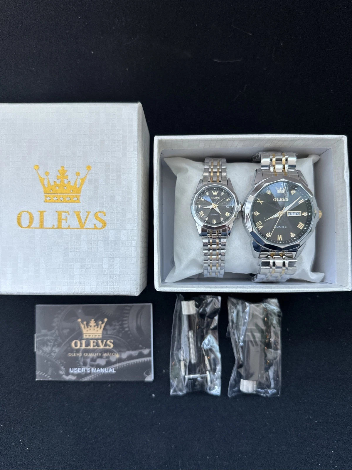 OLEVS Quartz Couple Pair Black Dial, Stainless Steel, Waterproof, Calendar