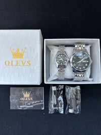 OLEVS Quartz Couple Pair Black Dial, Stainless Steel, Waterproof, Calendar