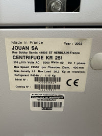 Jouan KR 25i Refrigerated Centrifuge w/ AKL 250-14 6x250mL Rotor 208V 22500 RPM