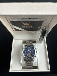 Olevs Men’s Watch Skeleton 5 Hands Silver Band, Blue Dial