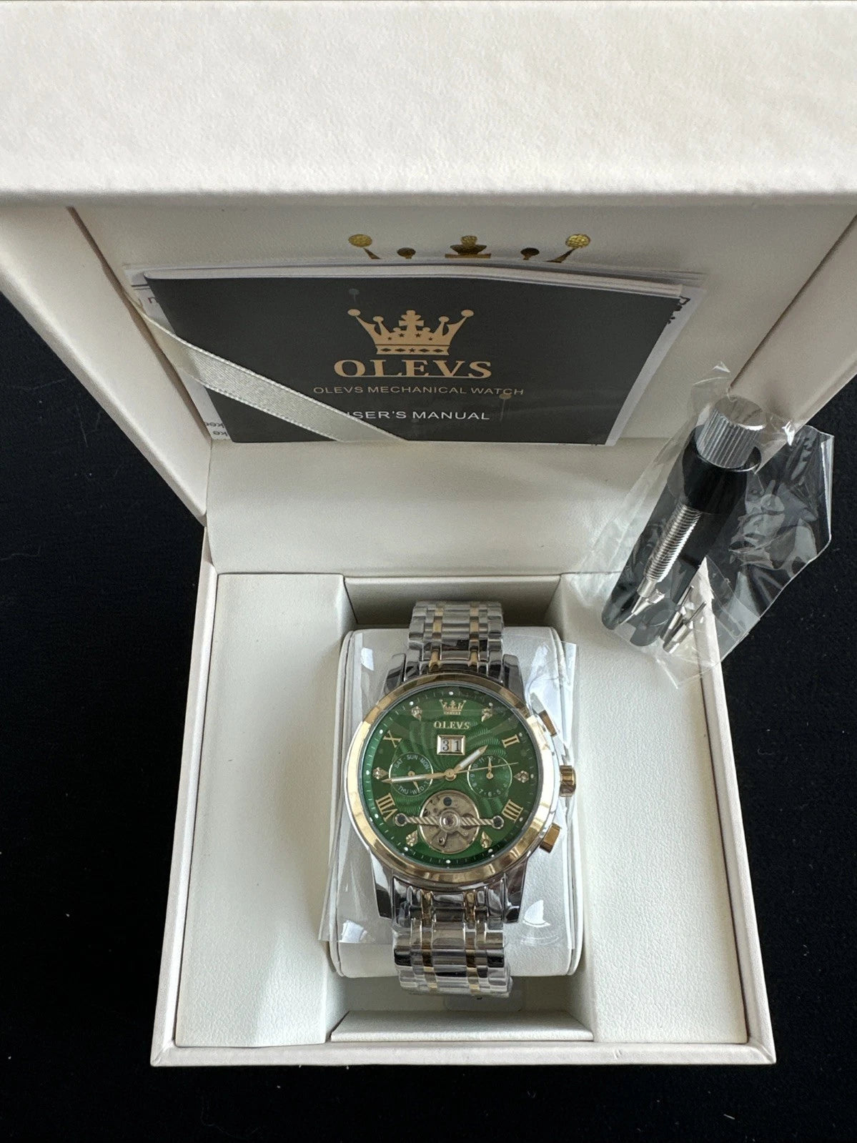 Olevs Men’s Watch Skeleton 5 Hands Gold/Silver Band, Green Dial