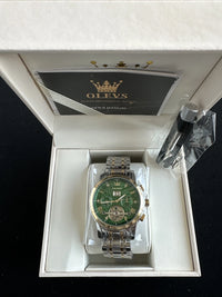 Olevs Men’s Watch Skeleton 5 Hands Gold/Silver Band, Green Dial