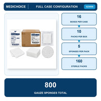 MediChoice GZ4006 Gauze Sponges 4x4 12-Ply Sterile Case 160 Packs 800 Sponges
