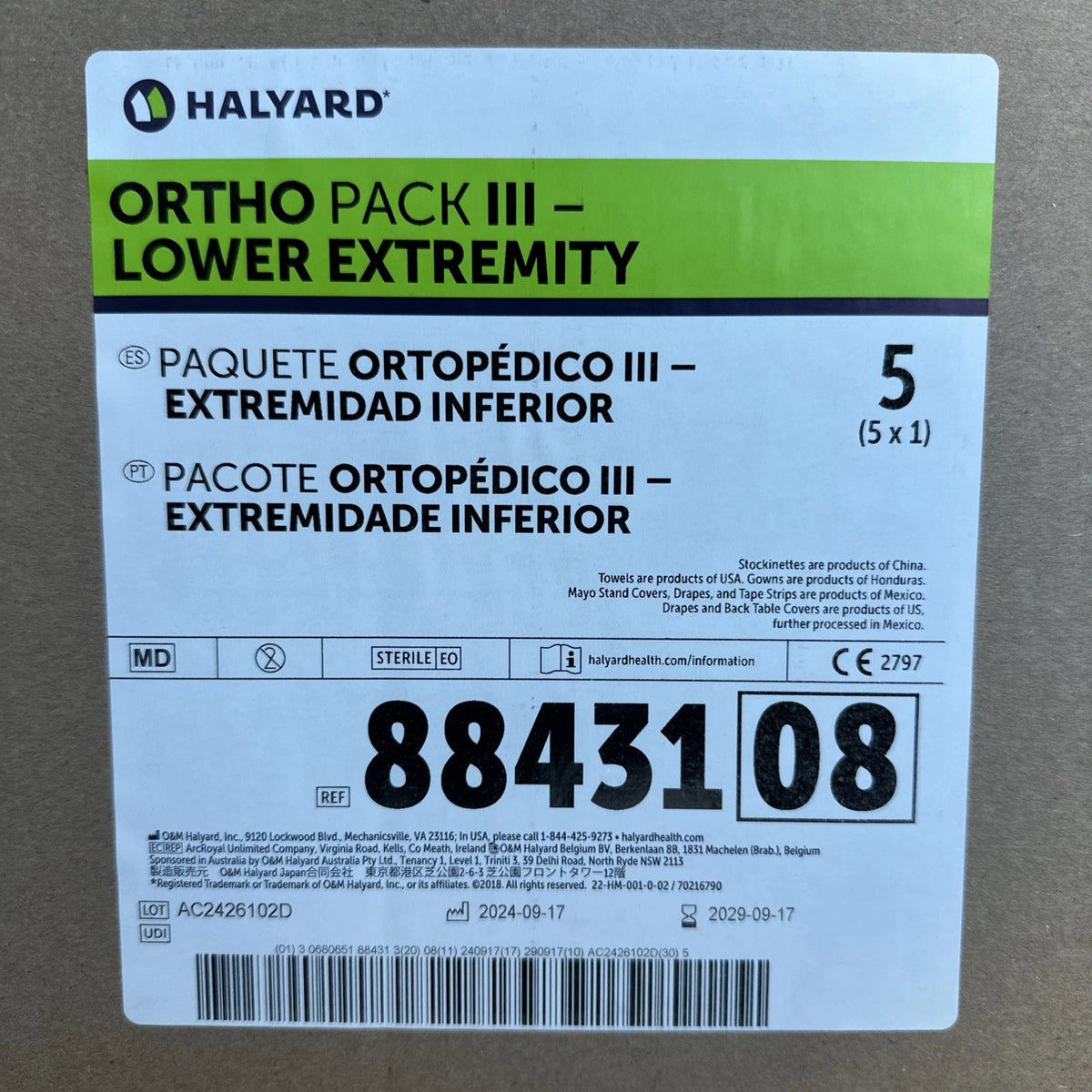 Halyard 8843108 Orthopack III Lower Extremity (BOX OF 5)