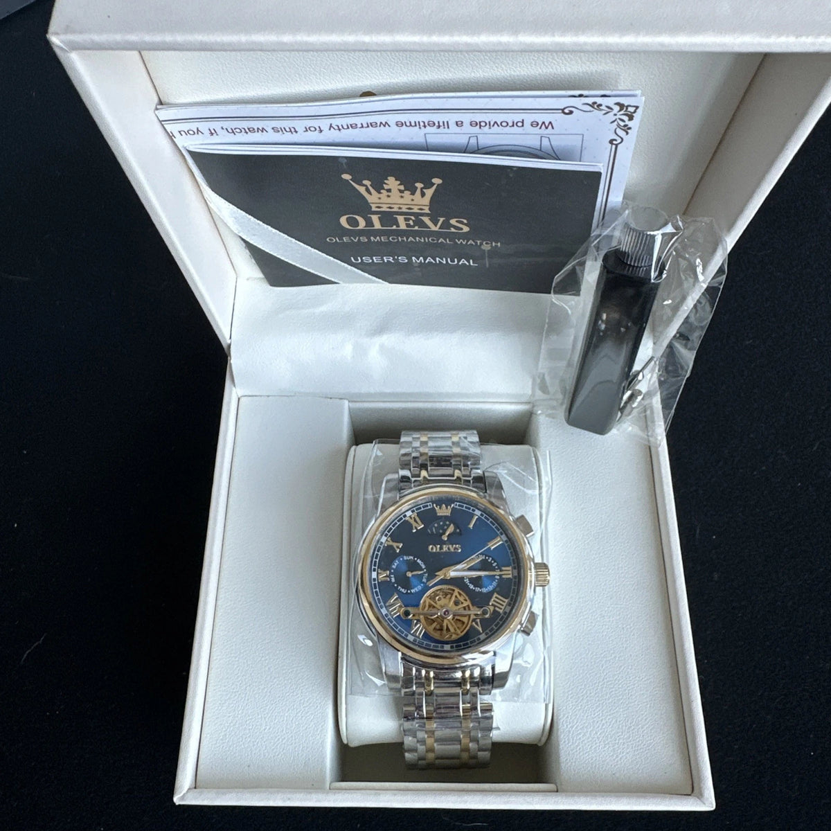 Olevs Mens Luxury Watch Skeleton, Moon Phase, Silver/Gold Band, Blue Dial