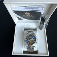 Olevs Mens Luxury Watch Skeleton, Moon Phase, Silver/Gold Band, Blue Dial