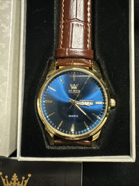 OLEVS Mens Watch Blue Face, Brown Leather Band, Day Date