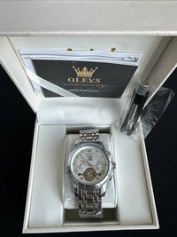 Olevs Men’s Watch Skeleton 5 Hands Silver Band, Silver Dial