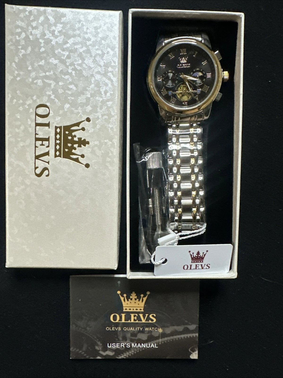 OLEVS Men Watch Mechanical Skeleton, Moon Phase, Black Face, Gold/Silver Band