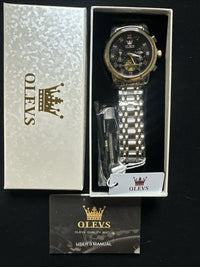 OLEVS Men Watch Mechanical Skeleton, Moon Phase, Black Face, Gold/Silver Band