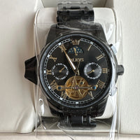 Olevs Mens Luxury Watch Skeleton, Moon Phase, Black Band, Black Dial