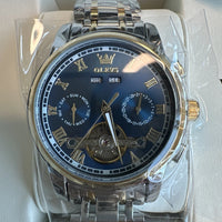 Olevs Mens Luxury Watch Skeleton, Day Date, Silver/Gold Band, Blue Dial