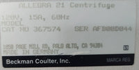 Beckman Coulter Allegra 21 Benchtop Centrifuge No Rotor