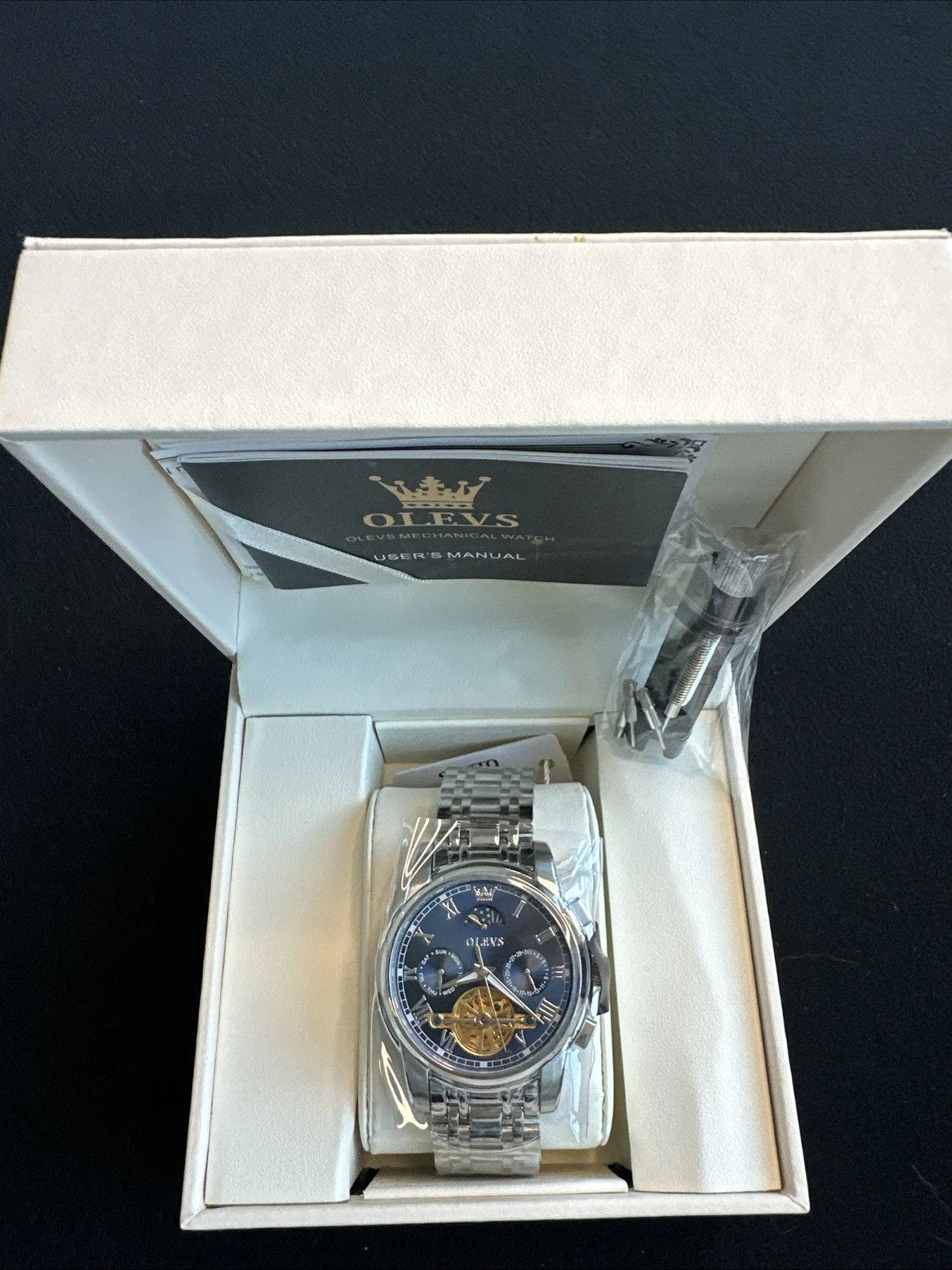 Olevs Mens Luxury Watch Skeleton, Moon Phase, Silver Band, Blue Dial